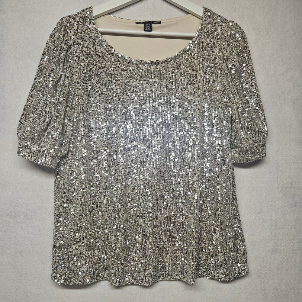 Cable & Gauge Sequin Top Medium Champagne Gold Silver Shimmer Short Sleeve M
